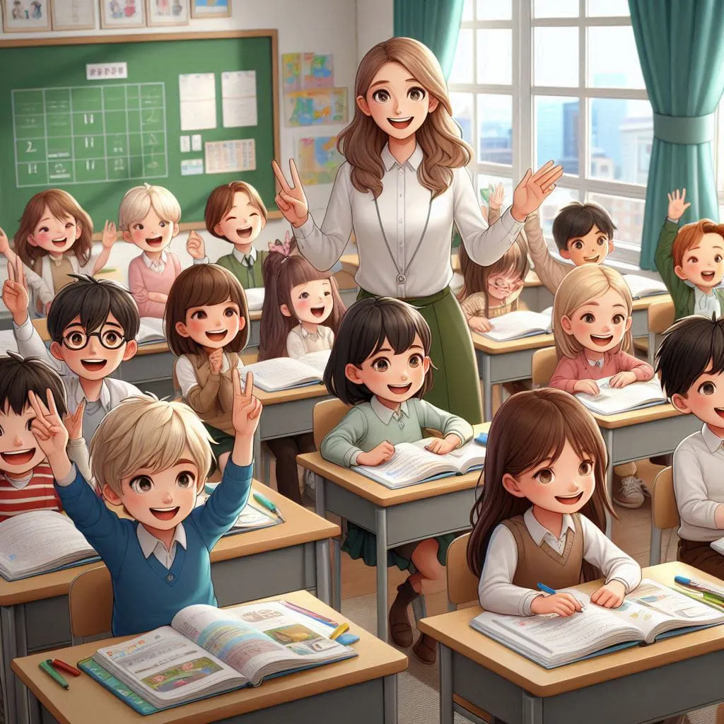 a woman standing in front of a classroom full of children