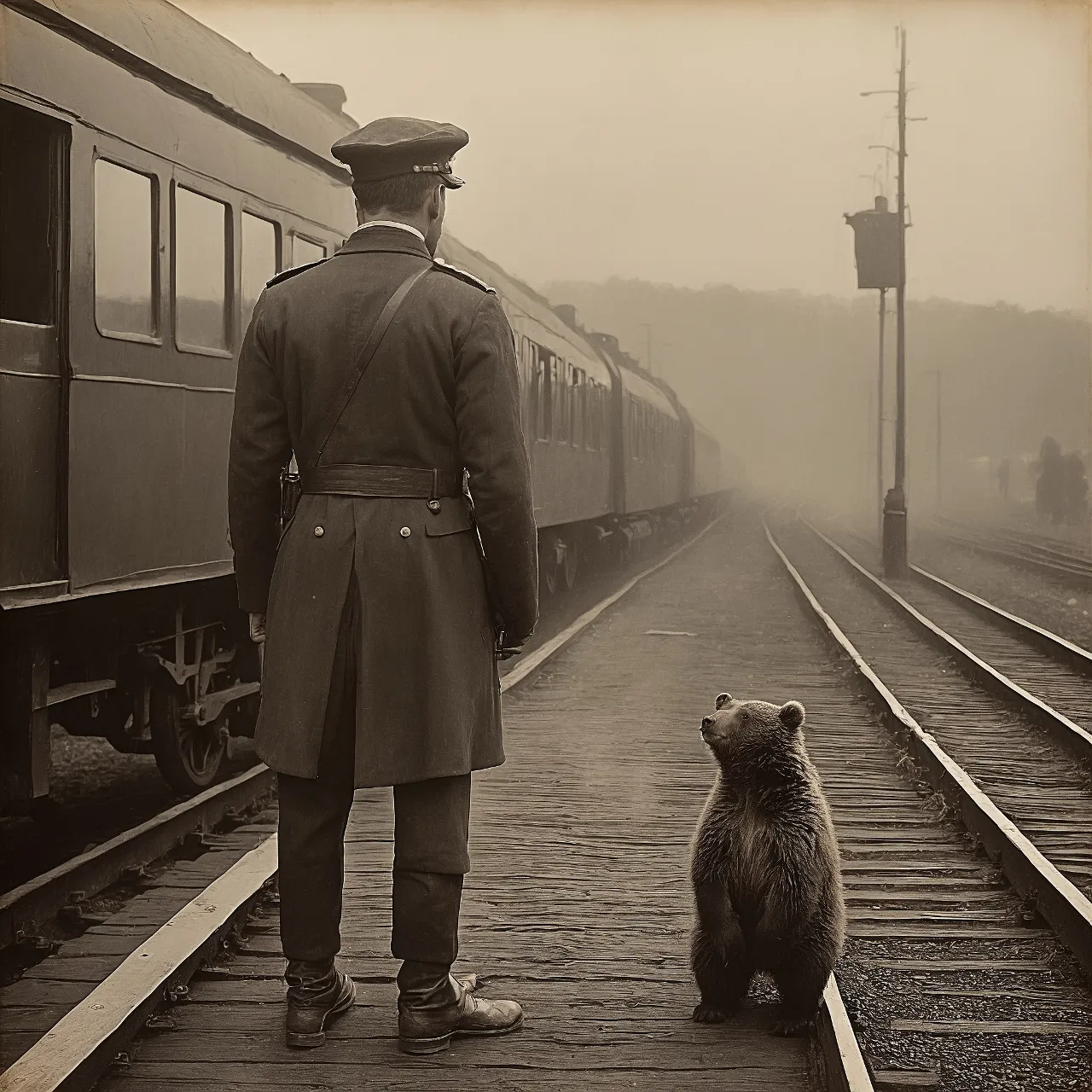 a man standing next to a bear on a train track