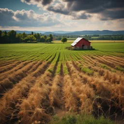 a farm with a red barn in the middle of a field