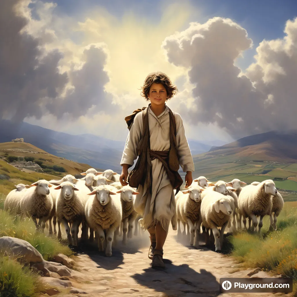 a painting of a man leading a herd of sheep