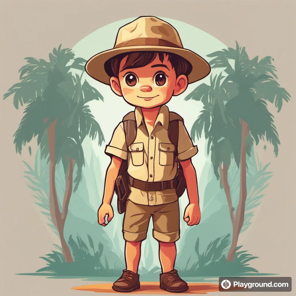 a boy in a safari outfit standing in the jungle