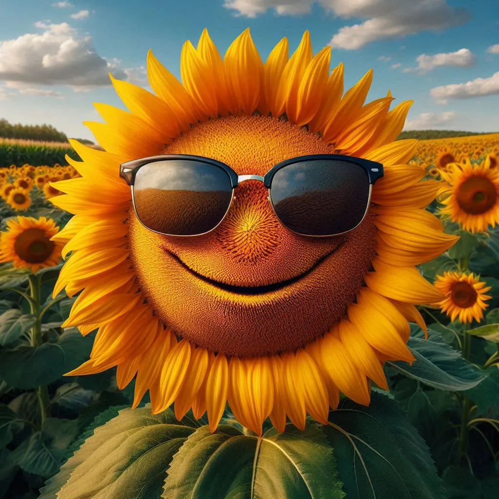 a sunflower wearing sunglasses in a field of sunflowers