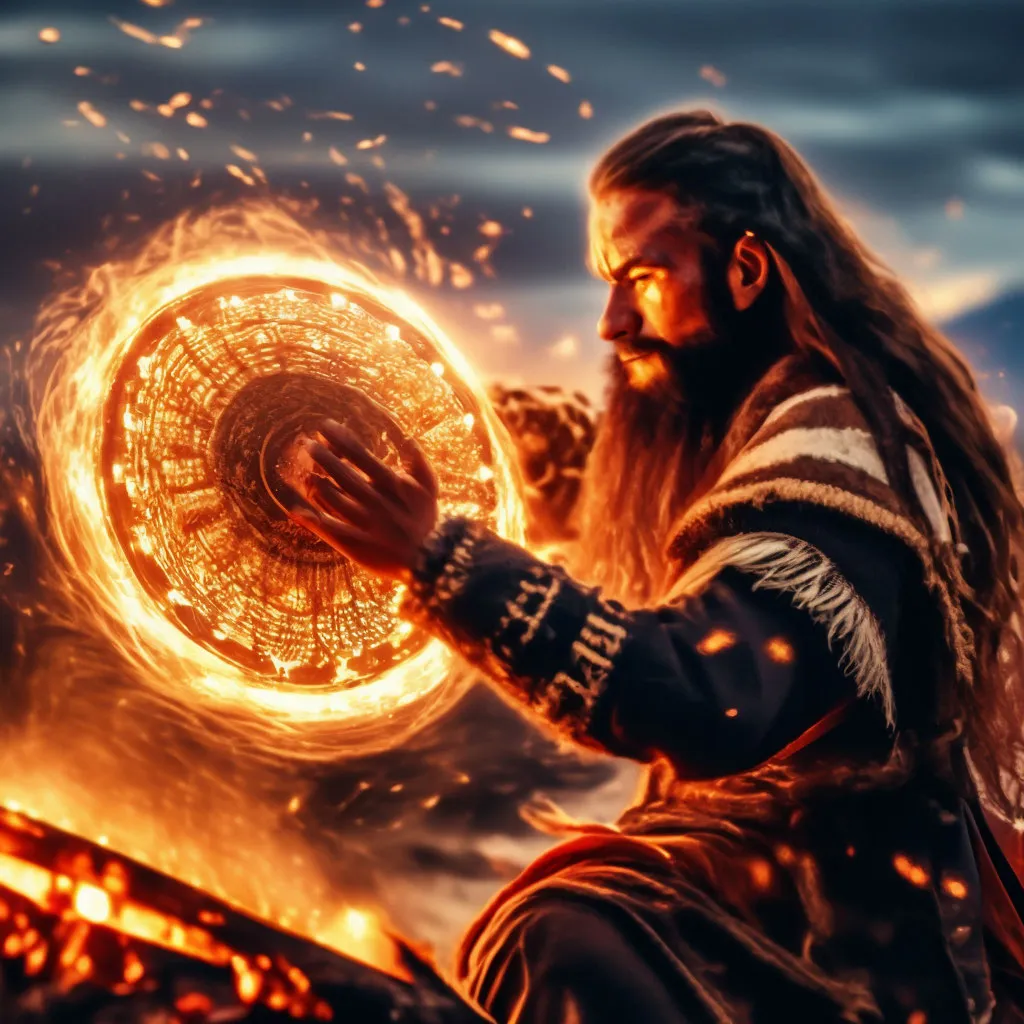 a man with long hair holding a fire ball