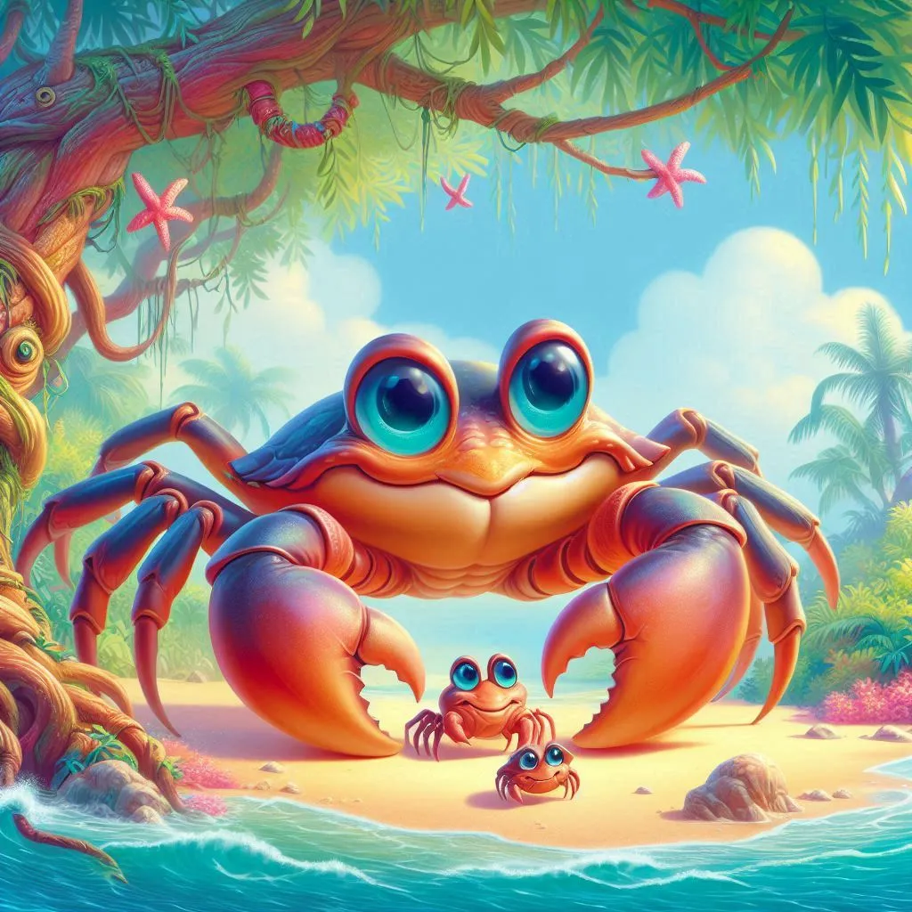 a crab and a baby crab on a beach