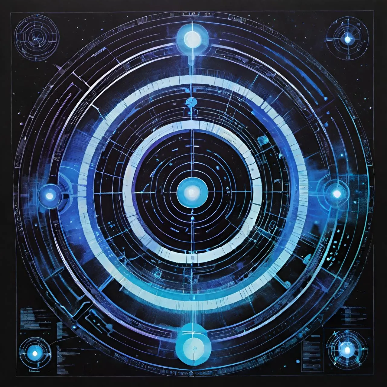 a poster of a blue circle with circles around it