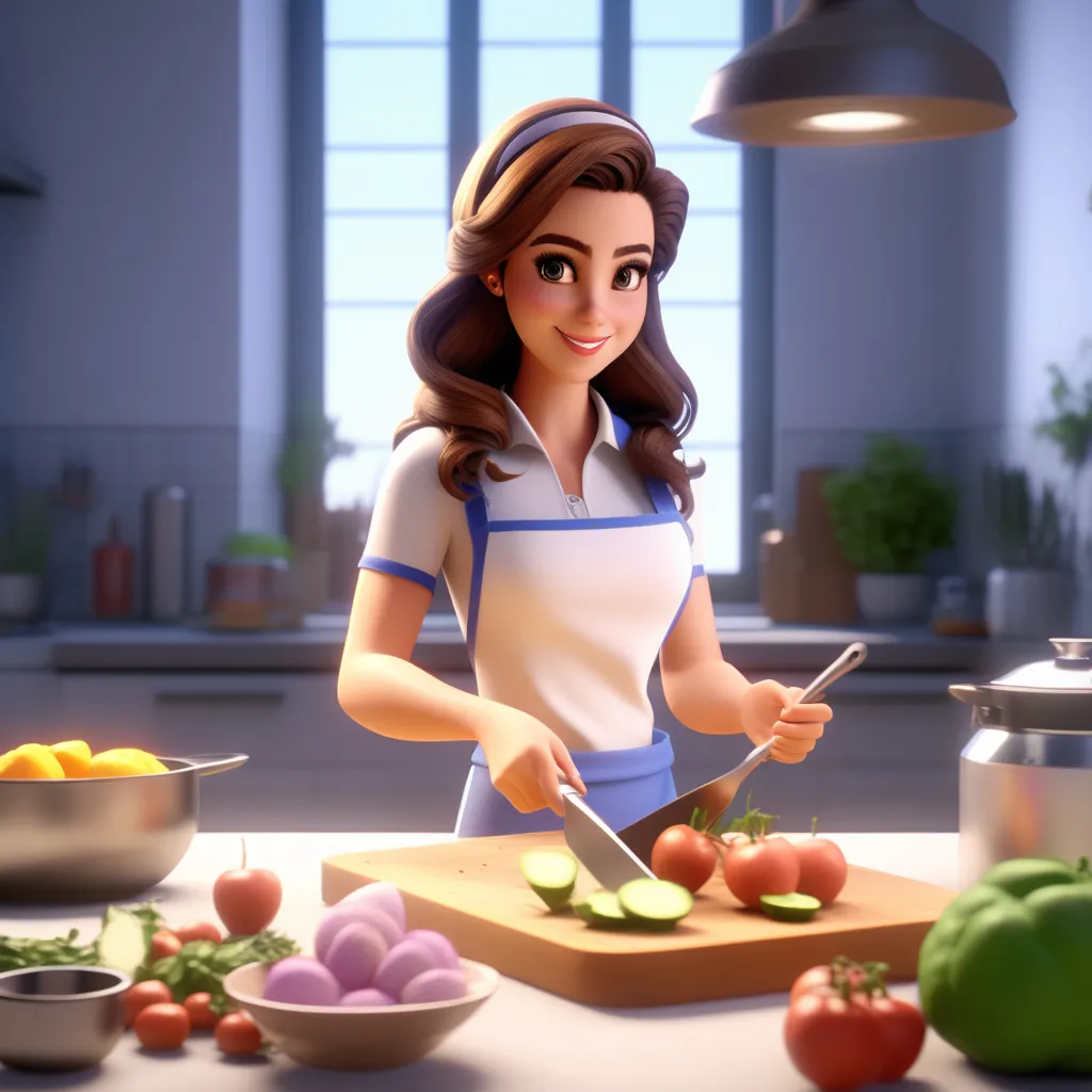 a woman in a kitchen cutting vegetables on a cutting board