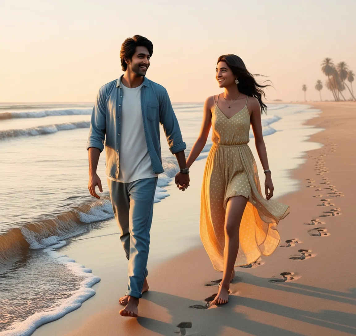 a man and a woman walking on a beach holding hands