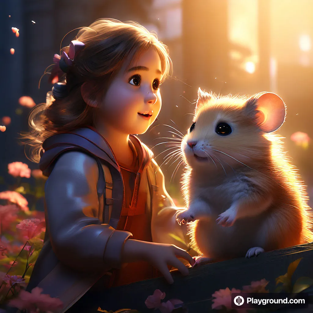 a little girl petting a hamster in a field of flowers