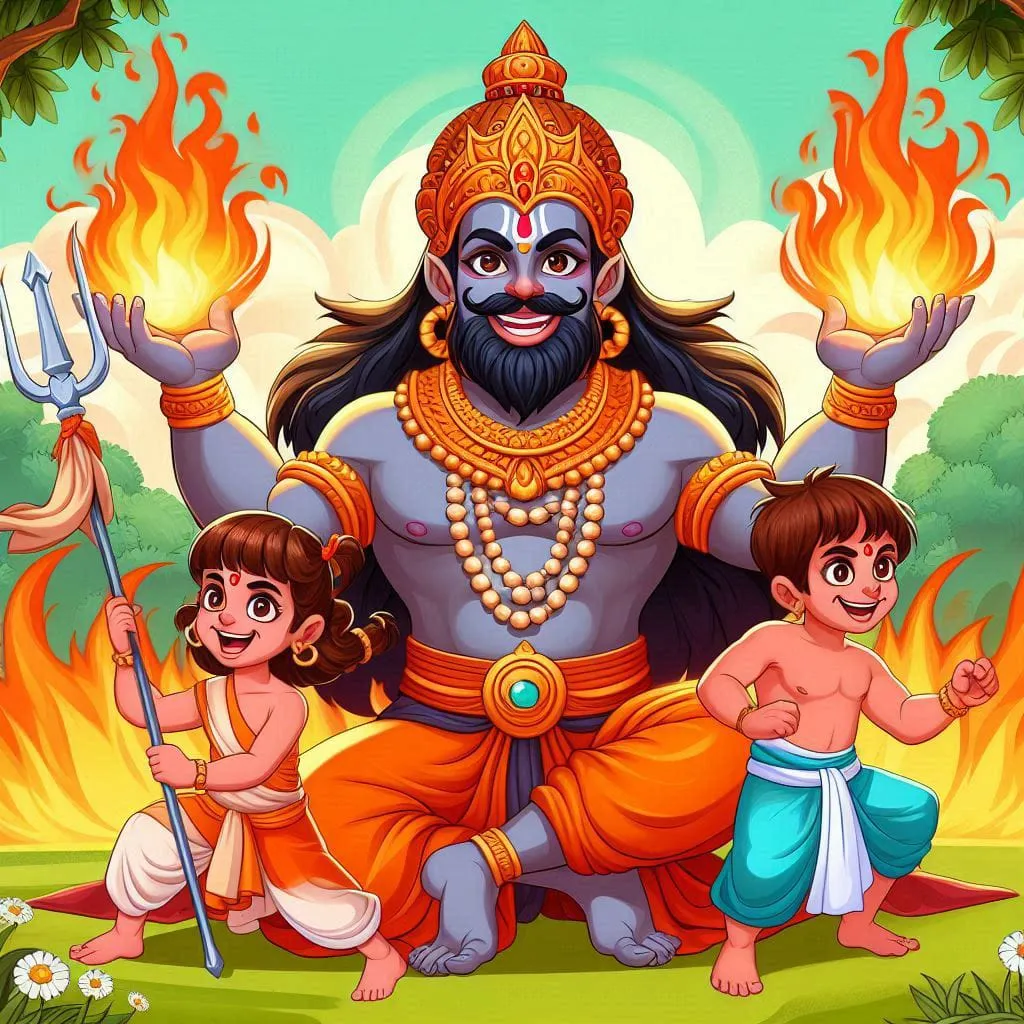 a man with two children standing in front of a fire