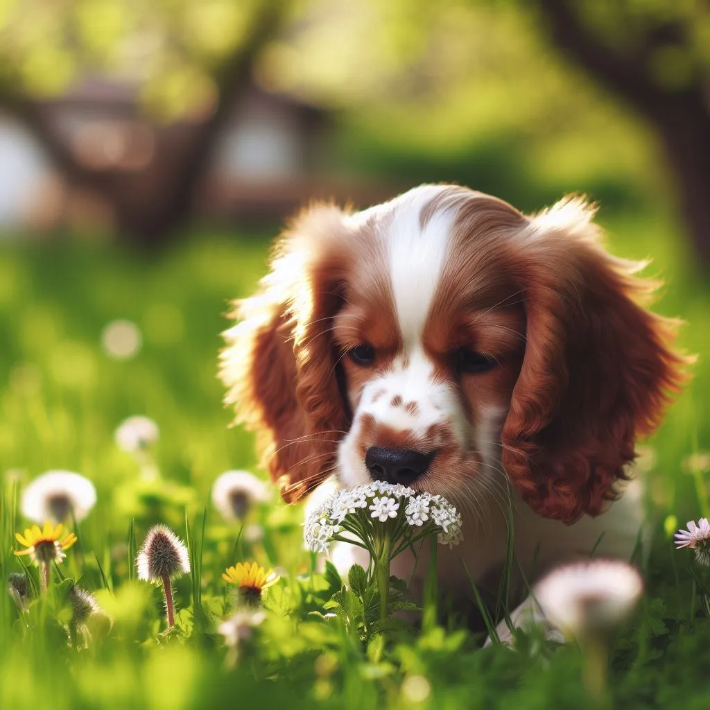 a dog is sitting in the grass with a flower in its mouth