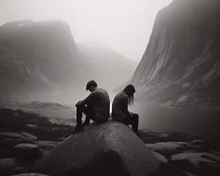 a couple of people sitting on top of a rock