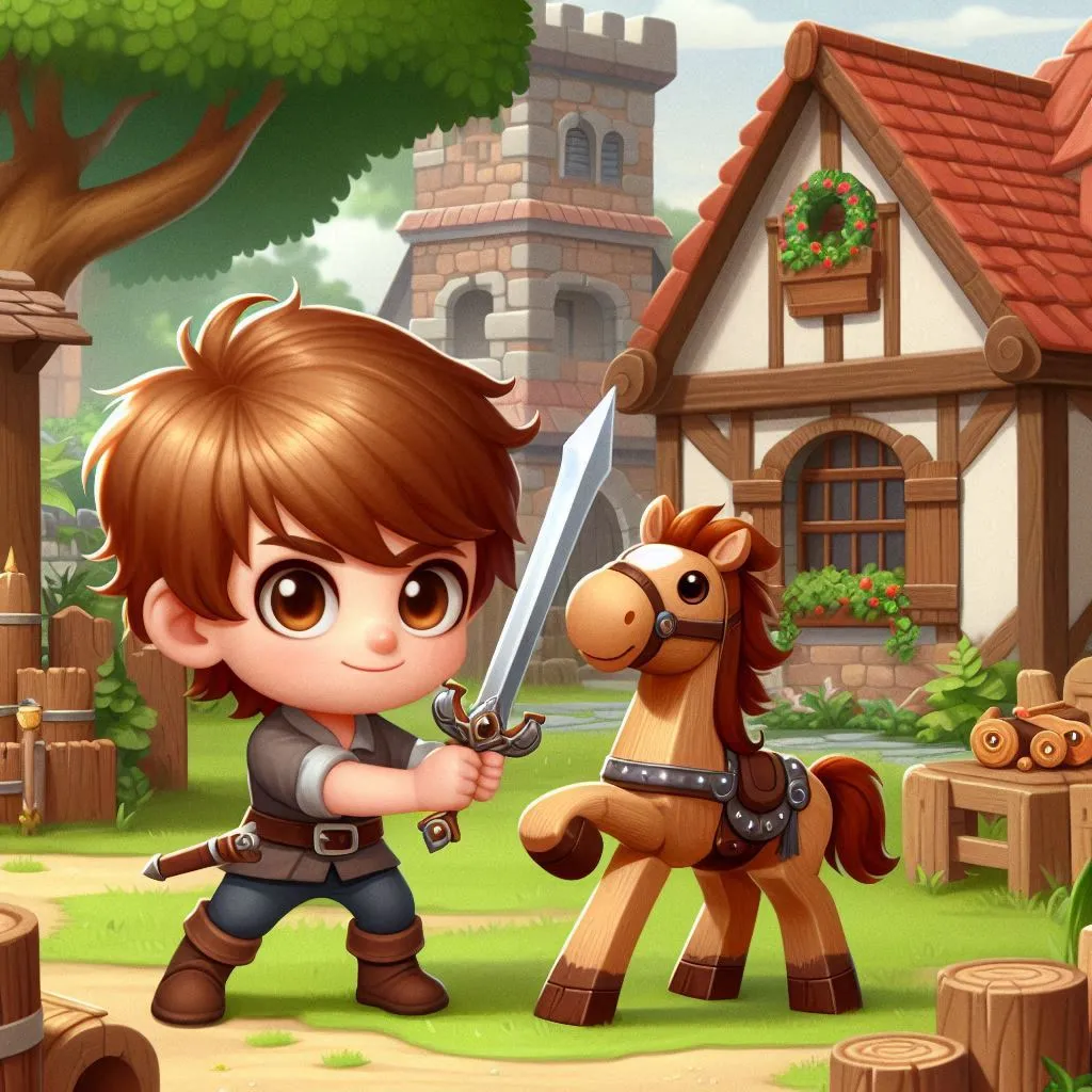 a little boy holding a sword next to a horse