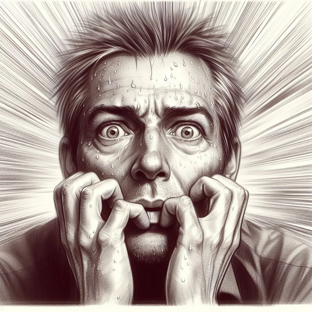 a drawing of a man with his hands on his face SCARY