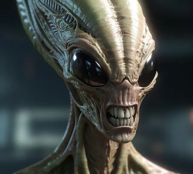 an alien with big eyes talking turns its head and looks at you  8k realistic looks real mean and vicious 