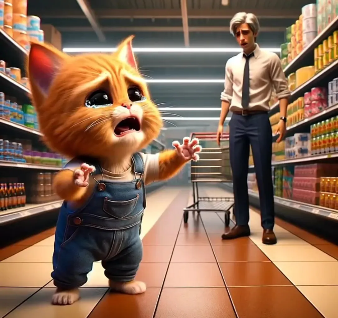 a man and a cat in a grocery store