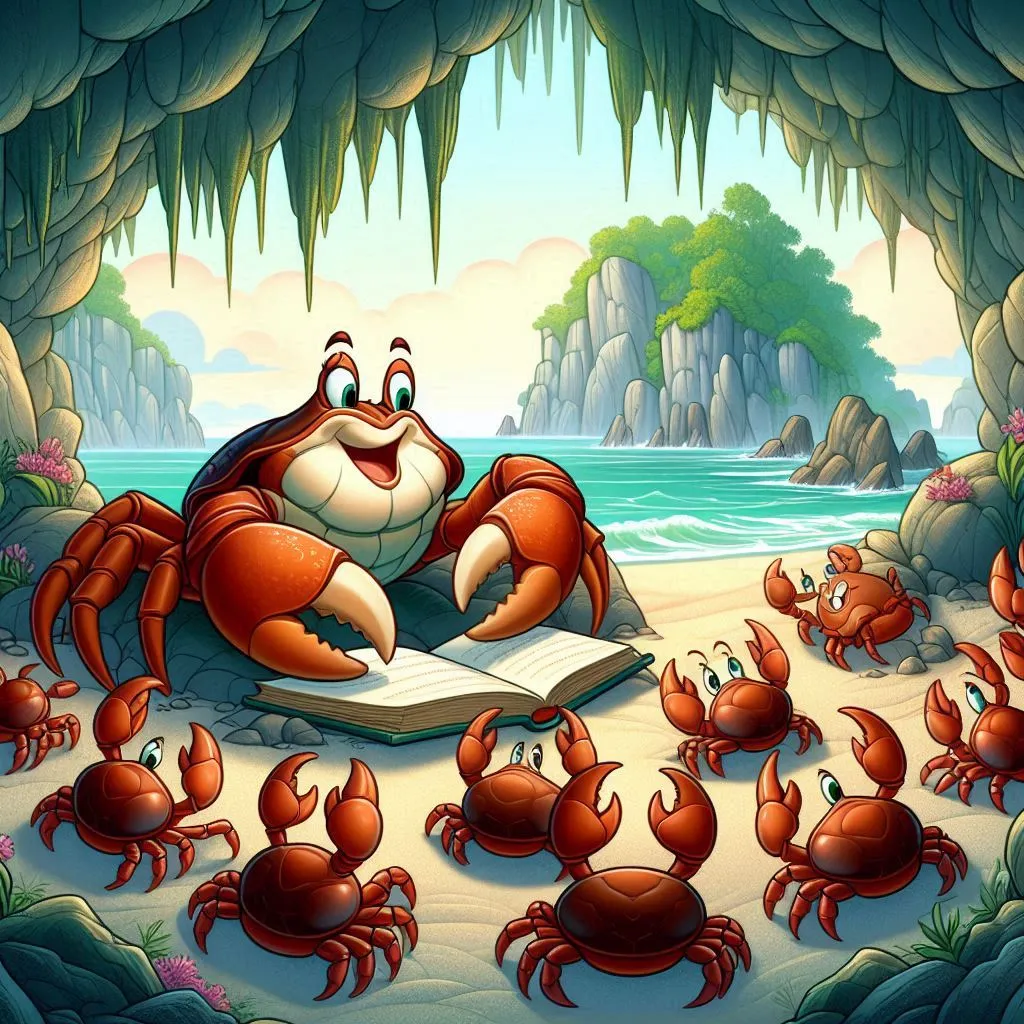 a cartoon character reading a book surrounded by crabs