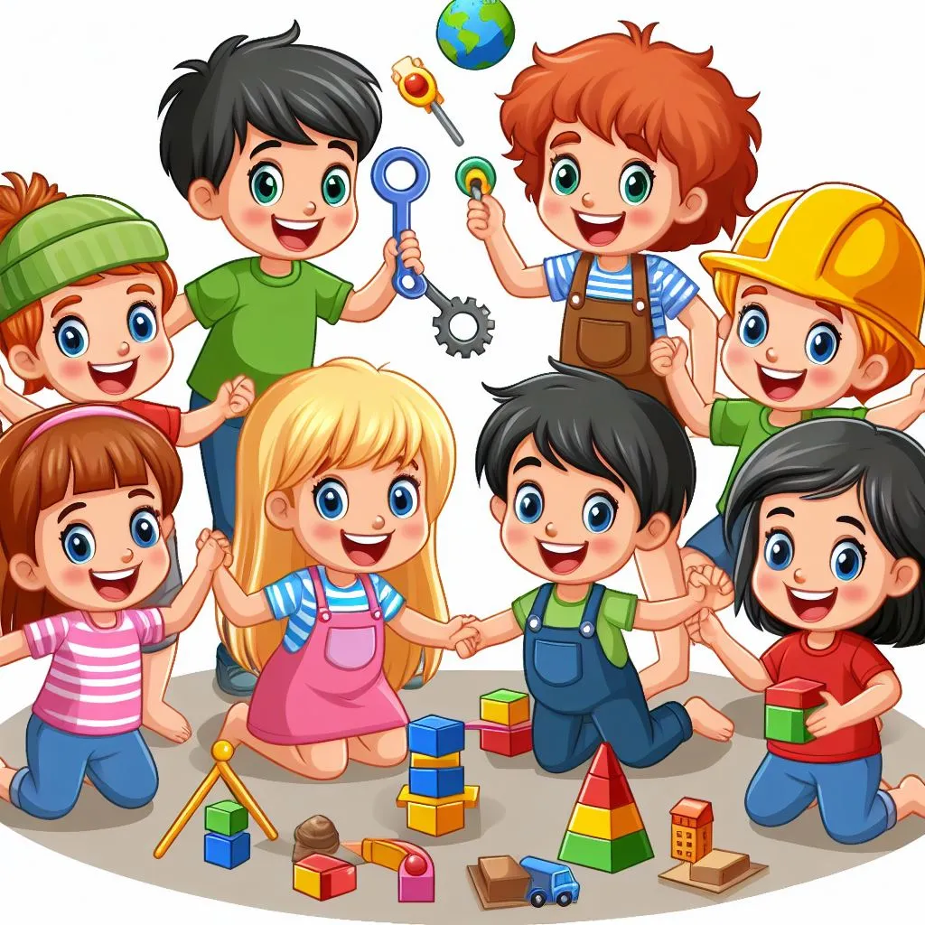 a group of kids playing with toys on a white background