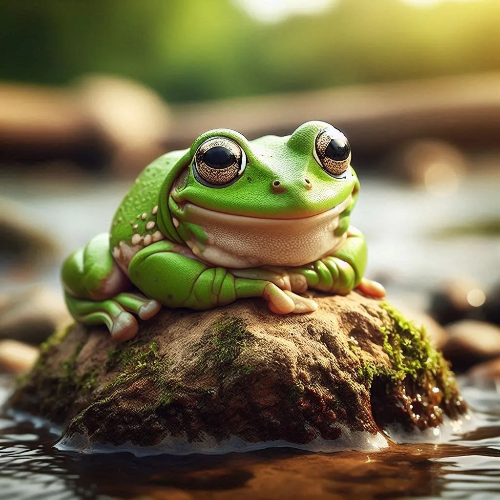 a frog sitting on top of a rock in the water