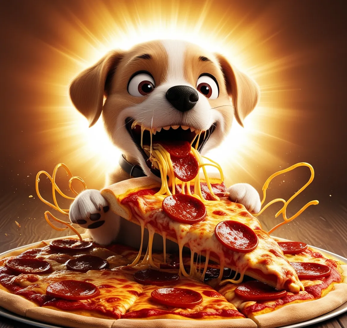 a dog is eating a slice of pizza