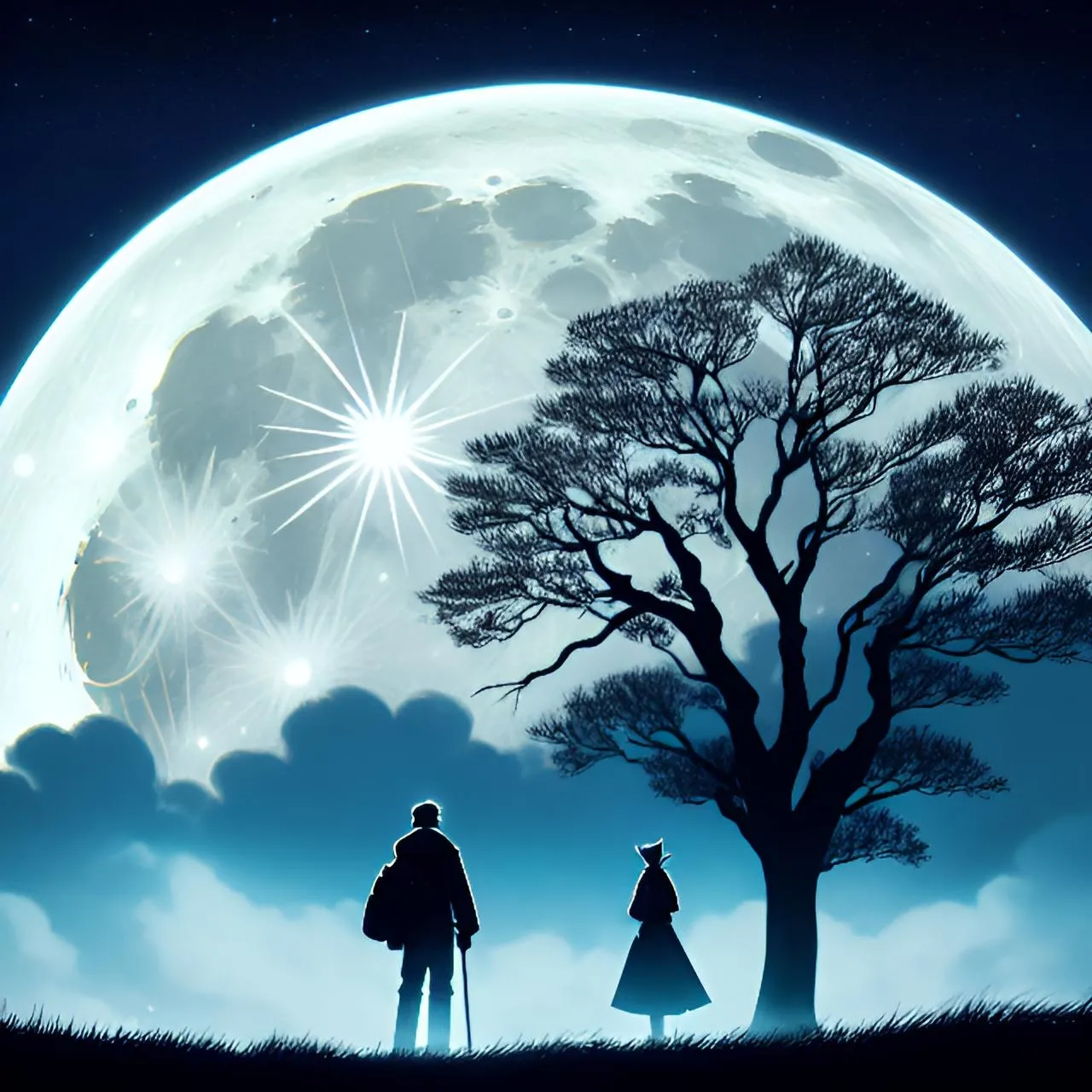 a man and a woman standing under a tree in front of a full moon