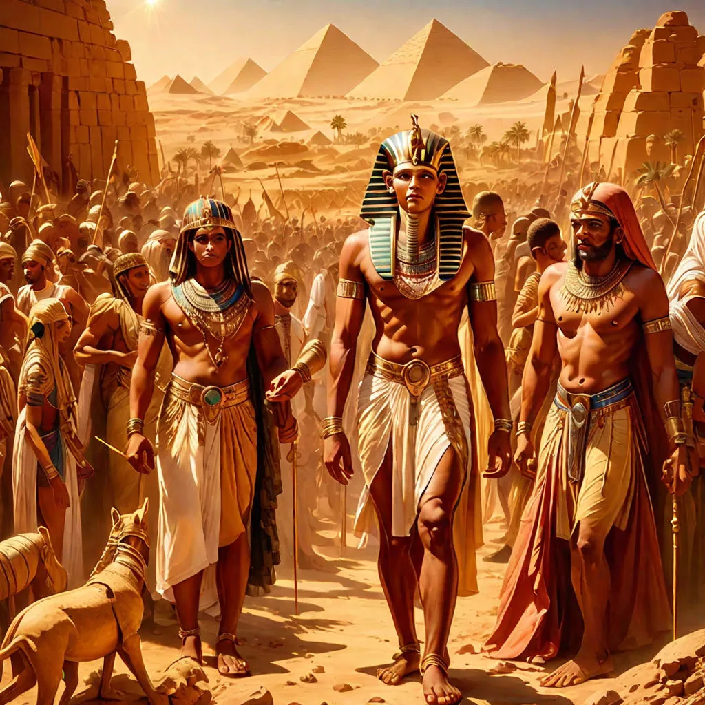 a painting of egyptian men and dogs in front of pyramids