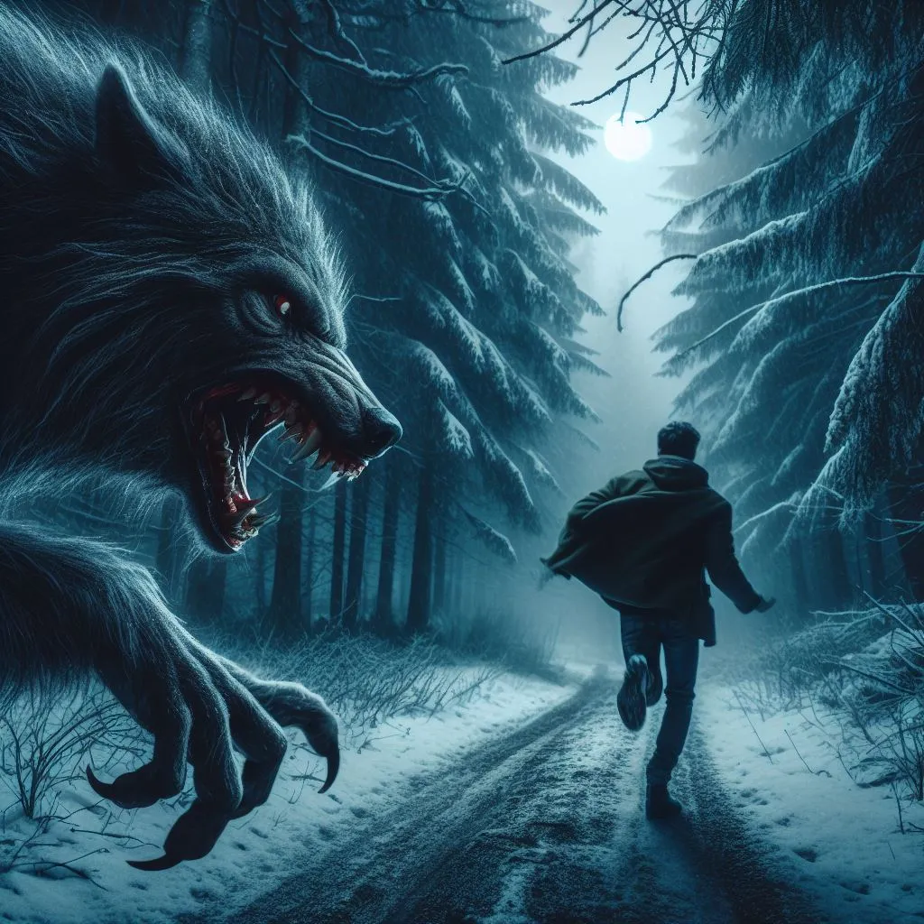 a werewolf chasing a man in the snow