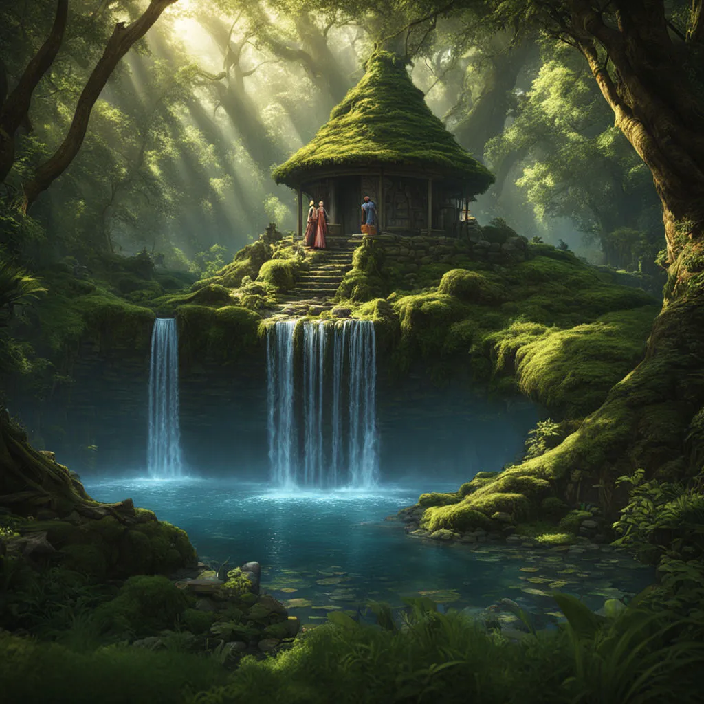 a painting of a forest with a waterfall and a hut