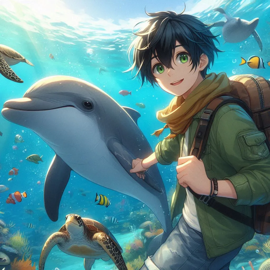 a boy is holding a dolphin in the ocean