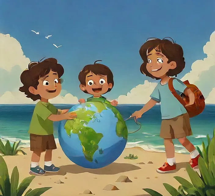 a group of children standing around a globe on a beach