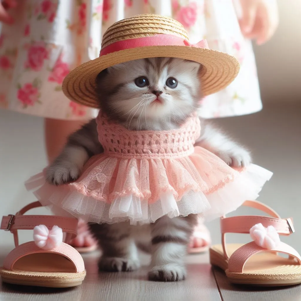 a small kitten wearing a pink dress and a hat