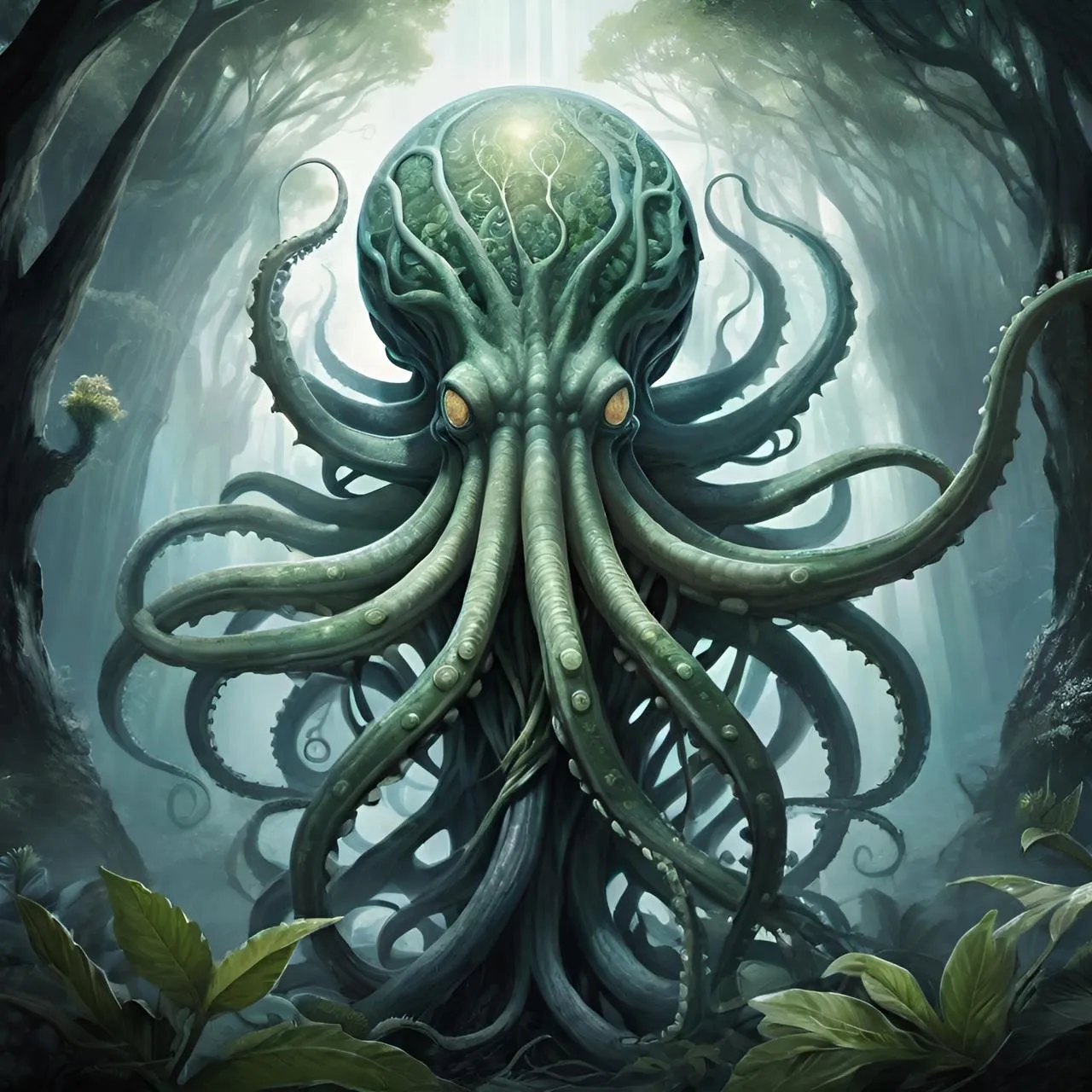 an octopus is standing in the middle of a forest