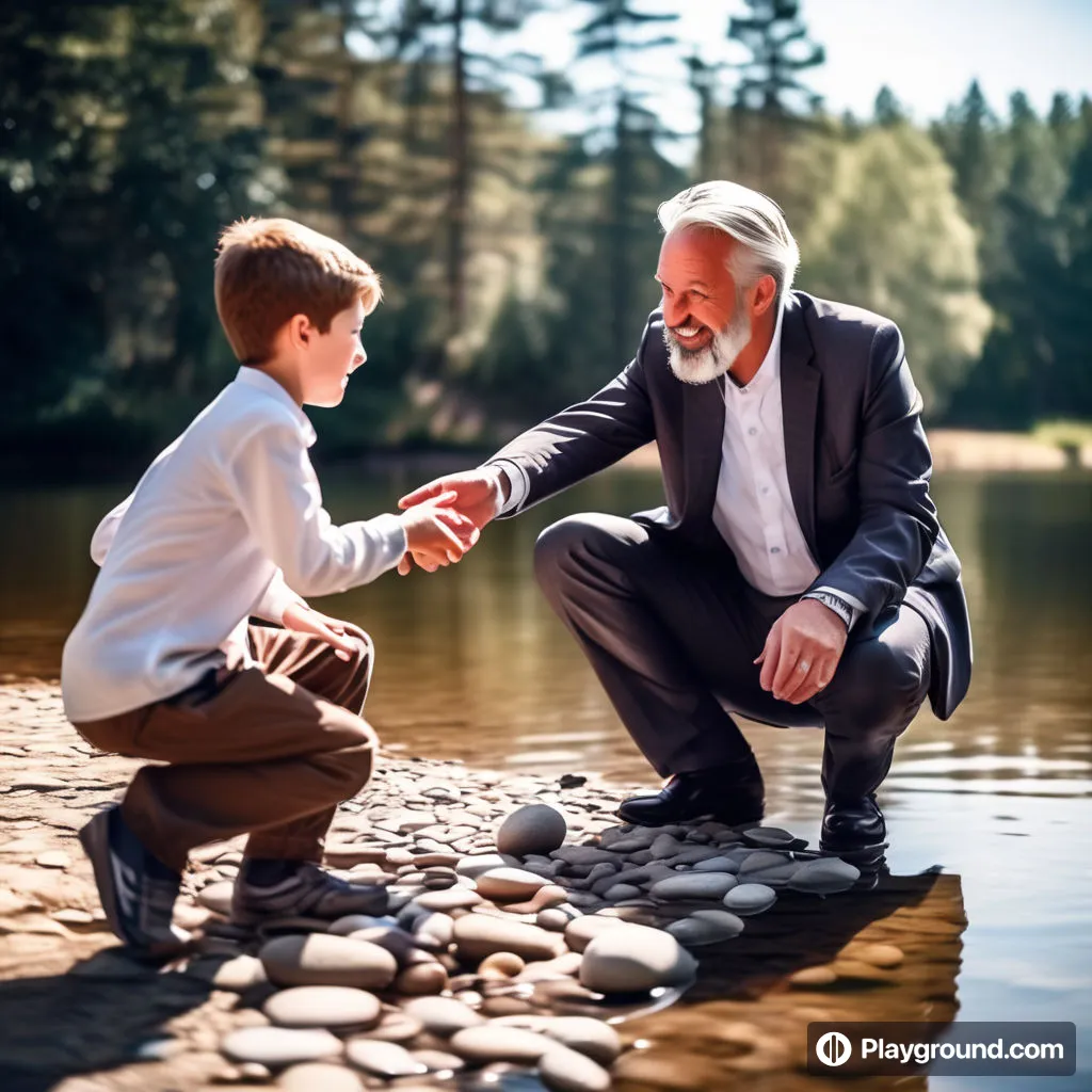 an older man and a young boy playing with rocks