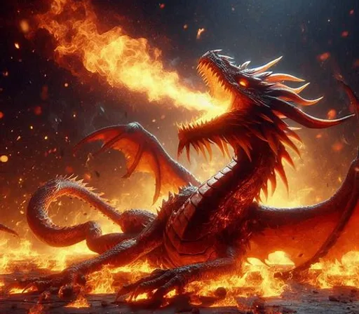 a dragon sitting on top of a fire covered ground