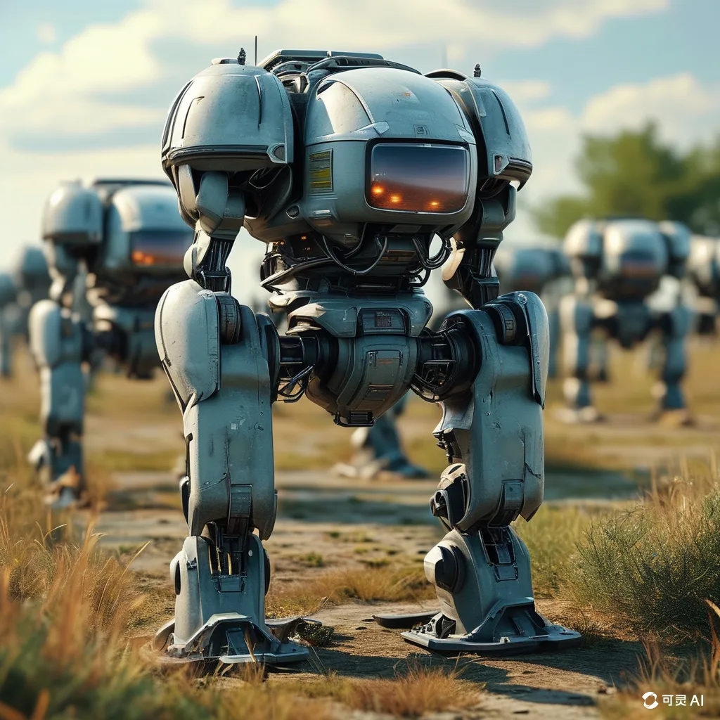 a group of robots walking across a grass covered field