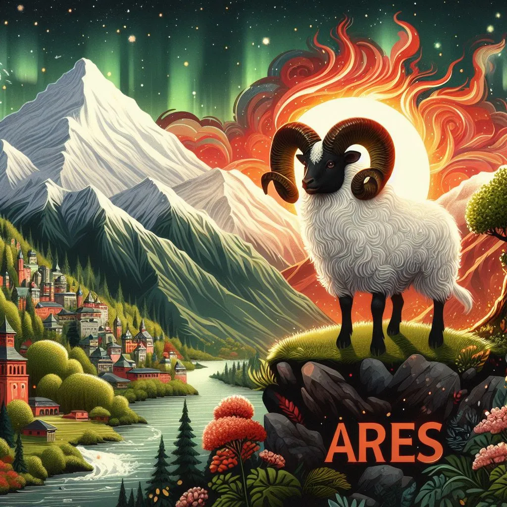 a painting of a ram standing on top of a hill Make the clouds and sky roll as well Remove lettering Make the ram move and have fire coming off of her