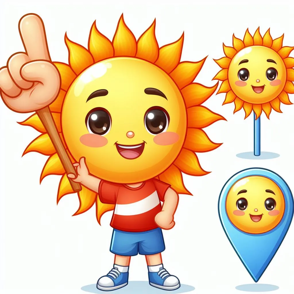 a cartoon sun holding a sign and pointing at it