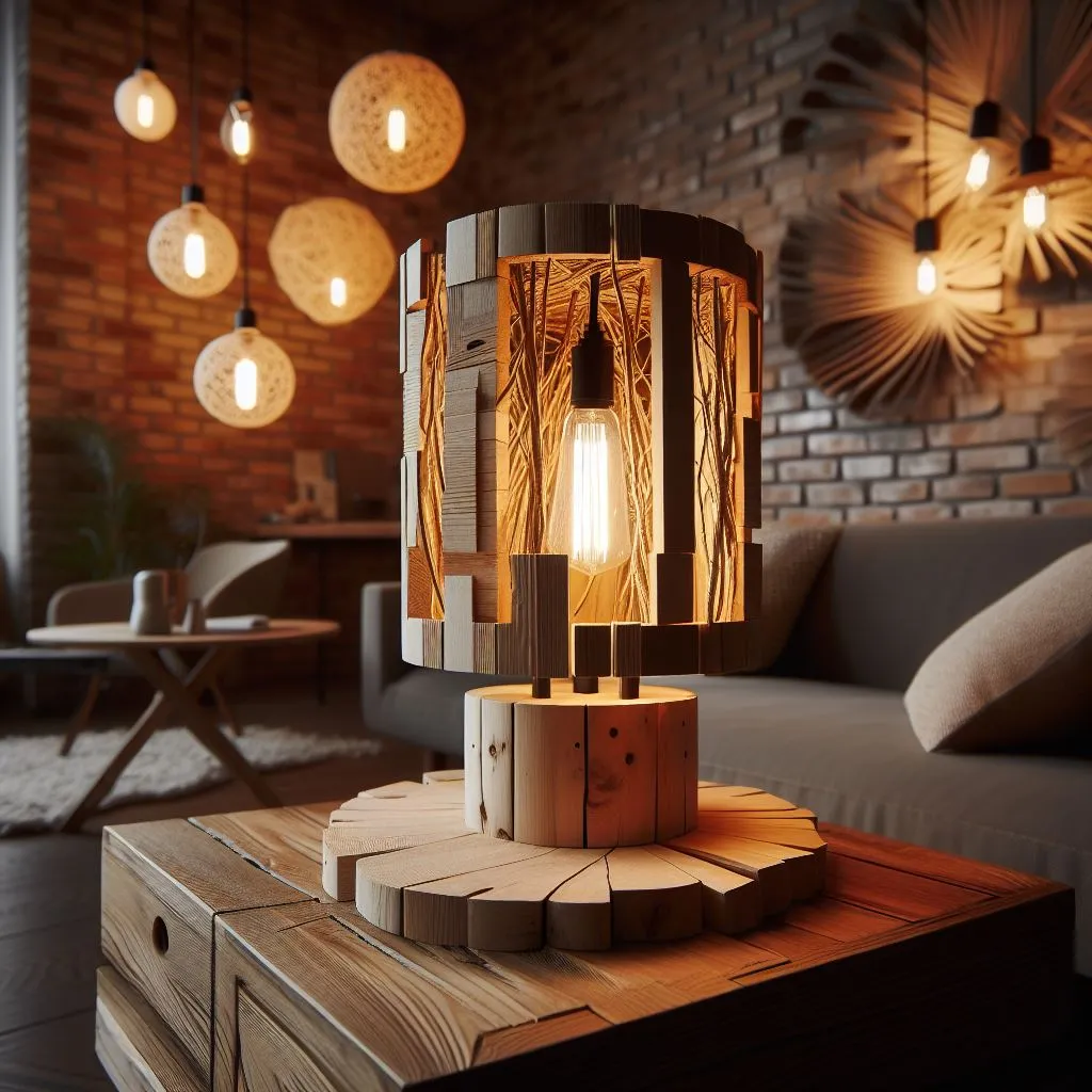 a wooden table with a lamp on top of it