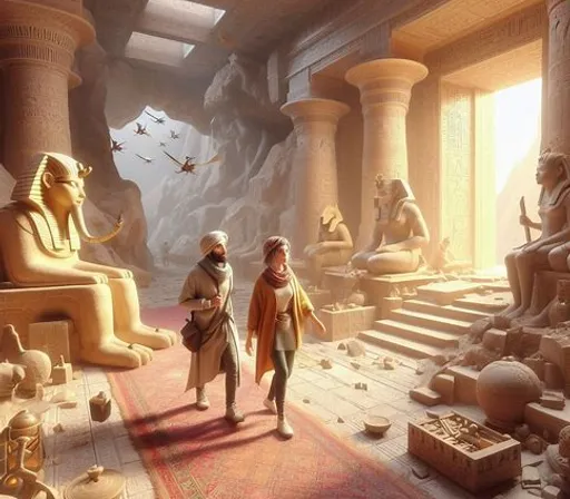 a man and a woman walking through a room filled with statues