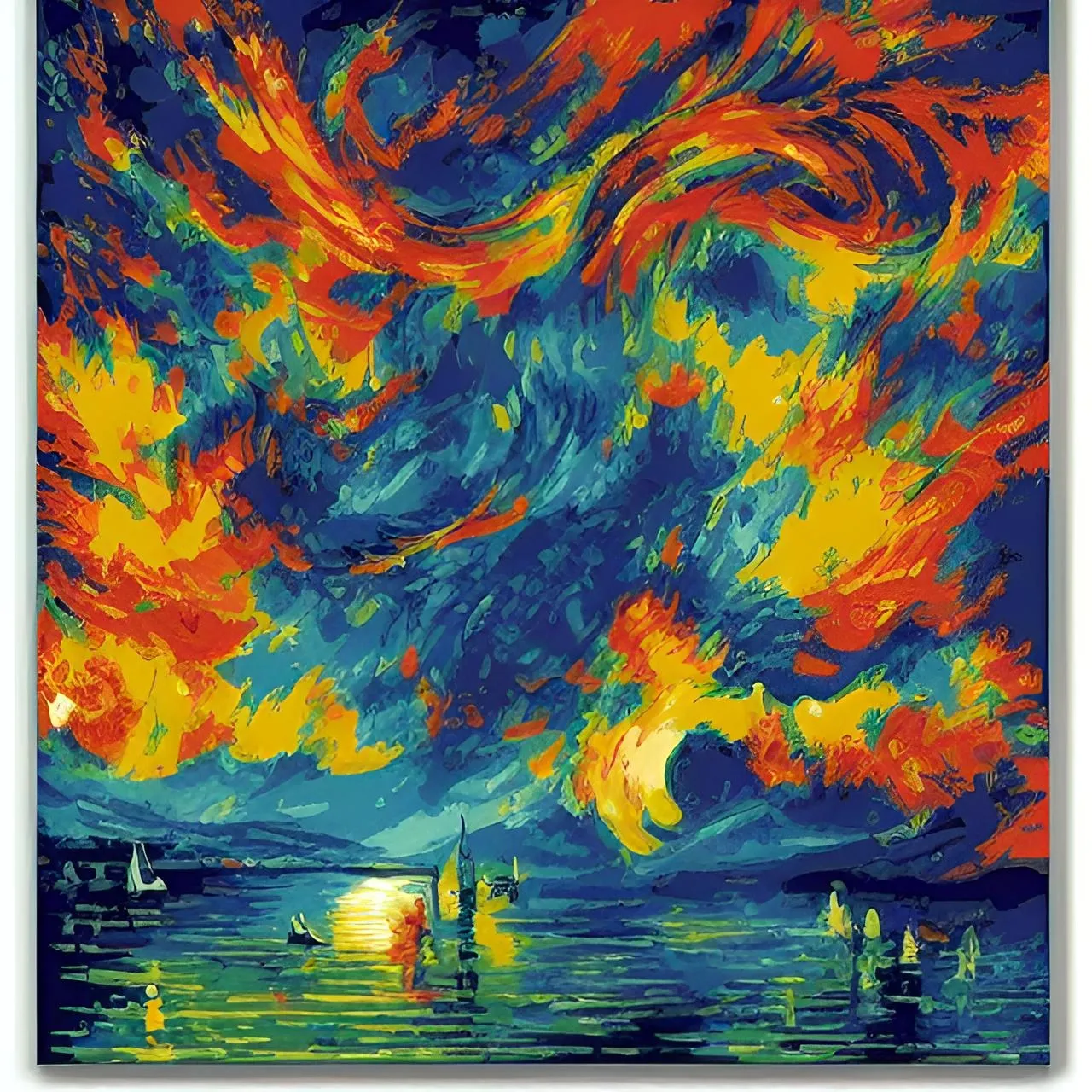 a painting of a painting of a sunset over a body of water