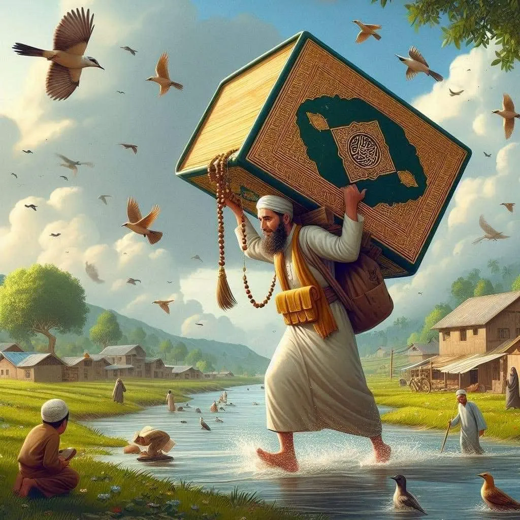 a painting of a man carrying a box over his head