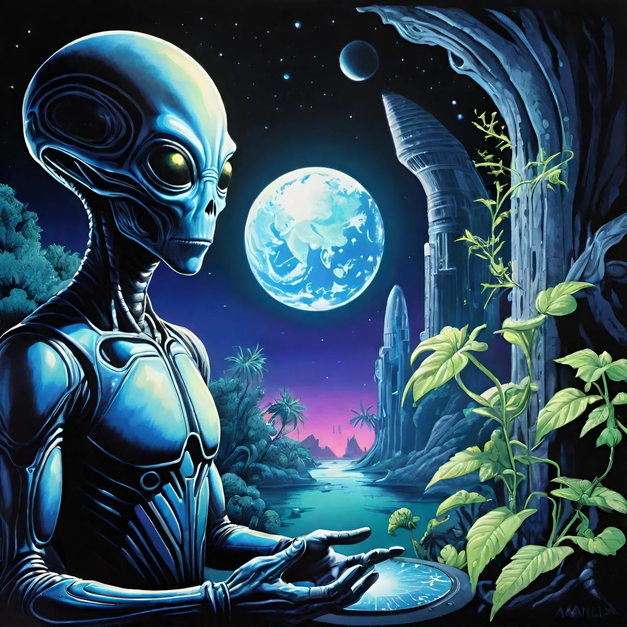 a painting of an alien holding a tray of food