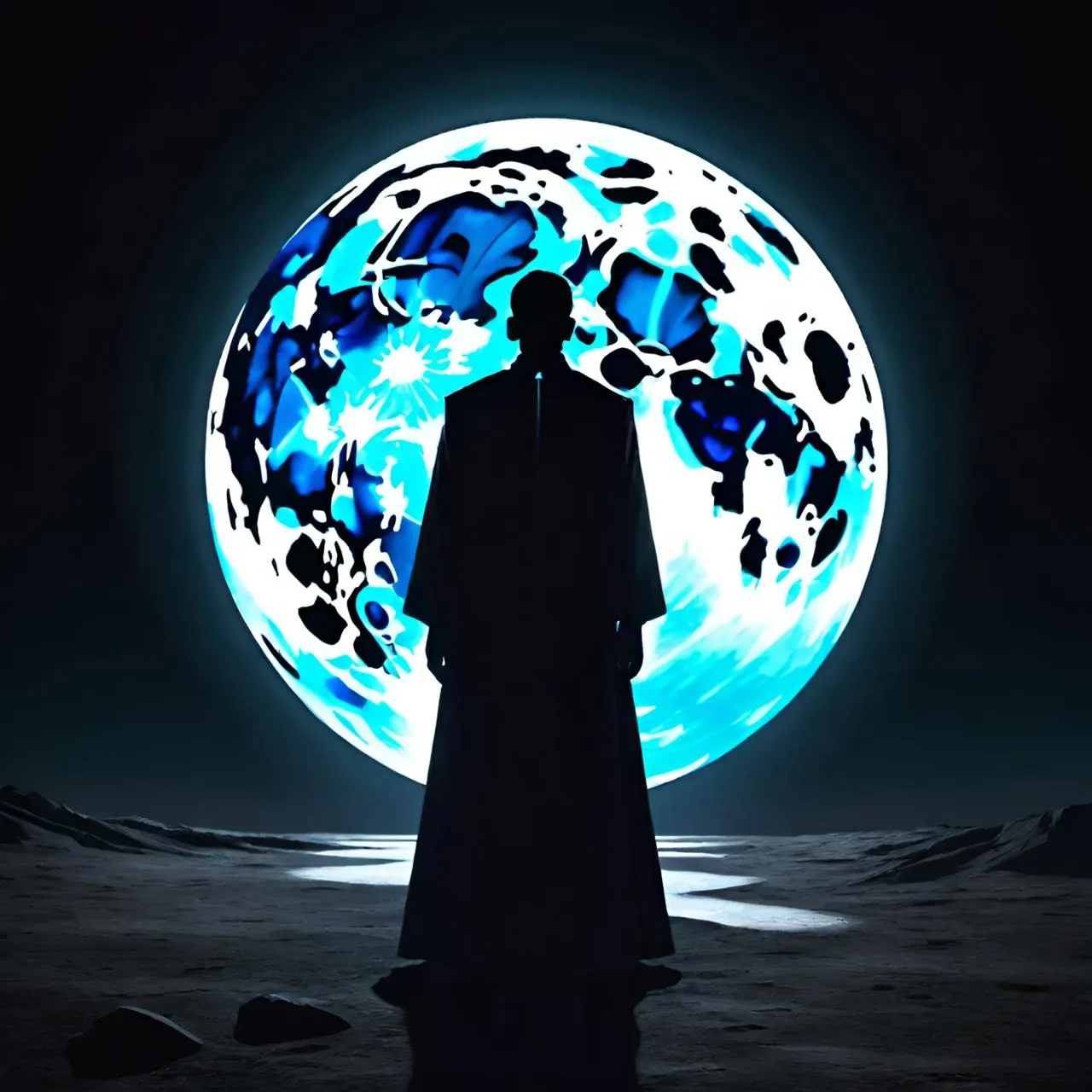 a man standing in front of a full moon