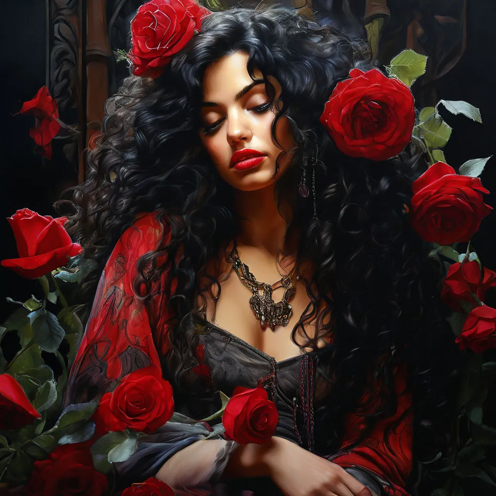 a painting of a woman surrounded by roses