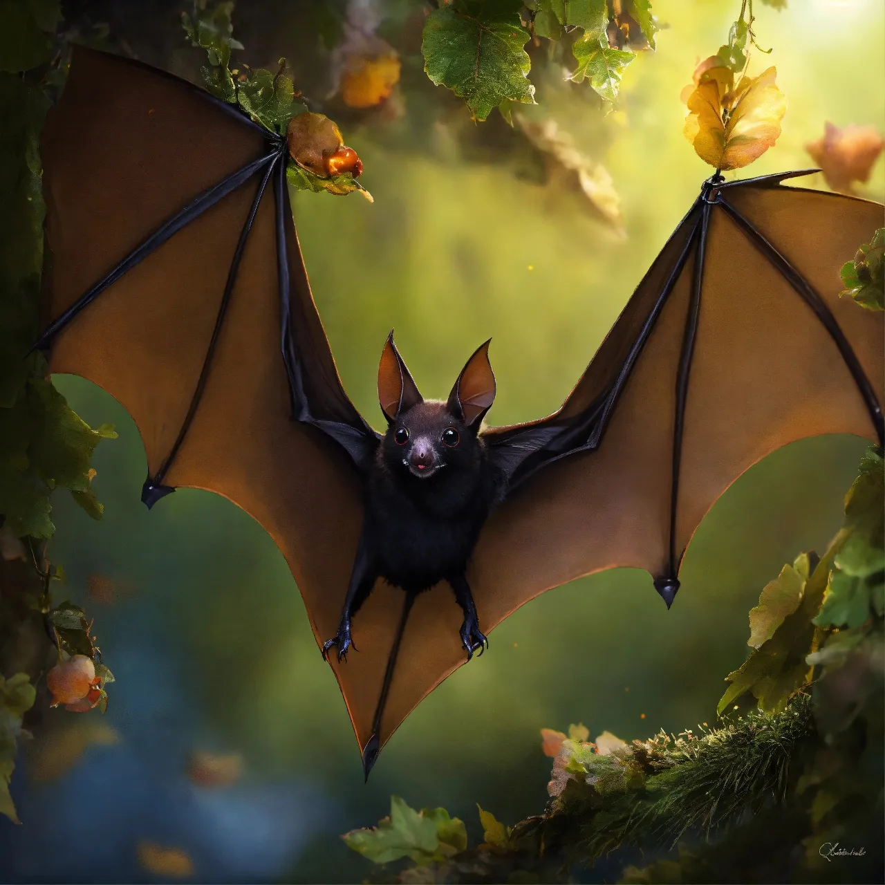 a bat hanging upside down on a tree branch