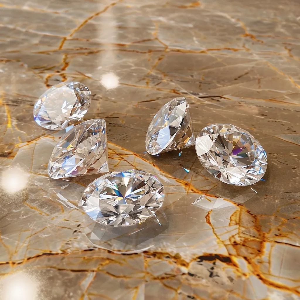 a group of diamonds on a brown yellowish marble surface