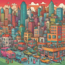 a painting of a city filled with lots of tall buildings