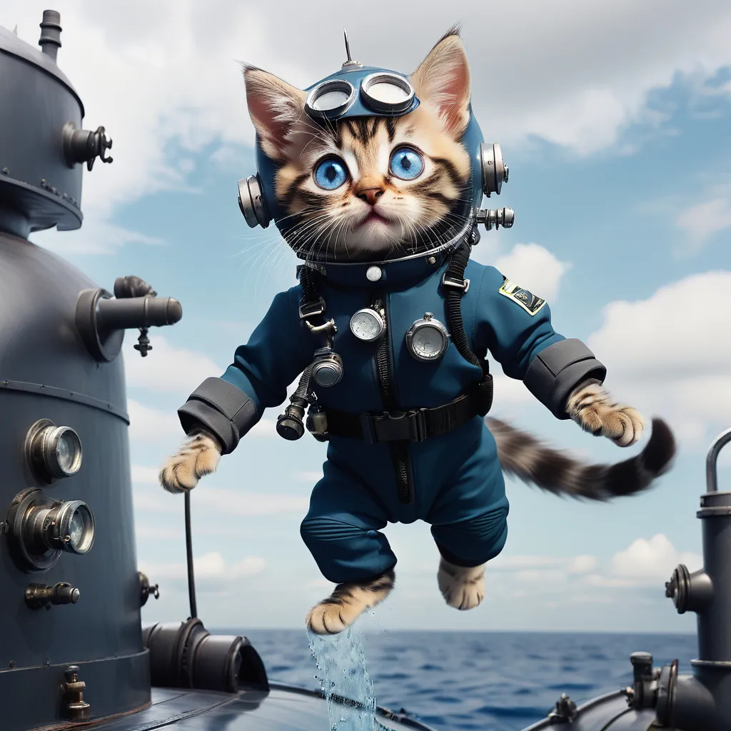 a ginger kitten with big, blue, cute eyes, dressed in a diver's suit, jumping on the roof of a submarine