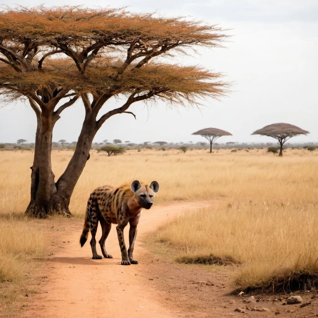 a hyena walking down a dirt road next to a tree