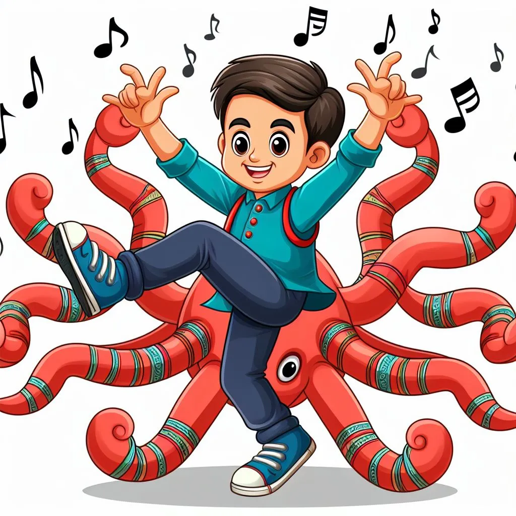 a boy dancing on an octopus with musical notes