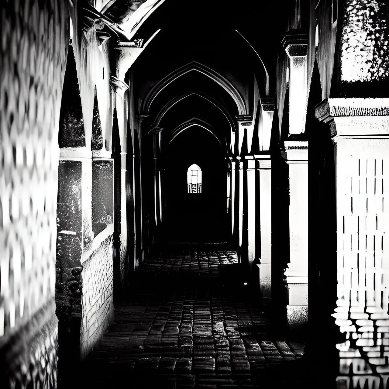 a black and white photo of a hallway